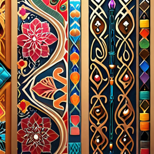 Home 4 ** "A vibrant digital painting showcasing a diverse array of custom Clip Studio Paint brushes creating a textured, painterly effect. Include elements inspired by Arabic art and design, such as geometric patterns and flowing calligraphy."
**