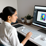 A skilled female digital artist, fully clothed in modest, professional attire, sits comfortably at a modern desk. She is actively drawing on a large graphic tablet with a stylus, her gaze fixed on the screen with an expression of creative concentration. Her home studio is bright and clean, featuring multiple monitors displaying art software, a professional microphone on a stand, and soft, even lighting. Subtle shelves with art books and small decorative elements are visible in the background, softly out of focus. This image is safe for work, appropriate content, fully clothed, professional, family-friendly, perfect anatomy, correct proportions, natural pose, well-formed hands, proper finger count, natural body proportions, high-quality, professional photography.