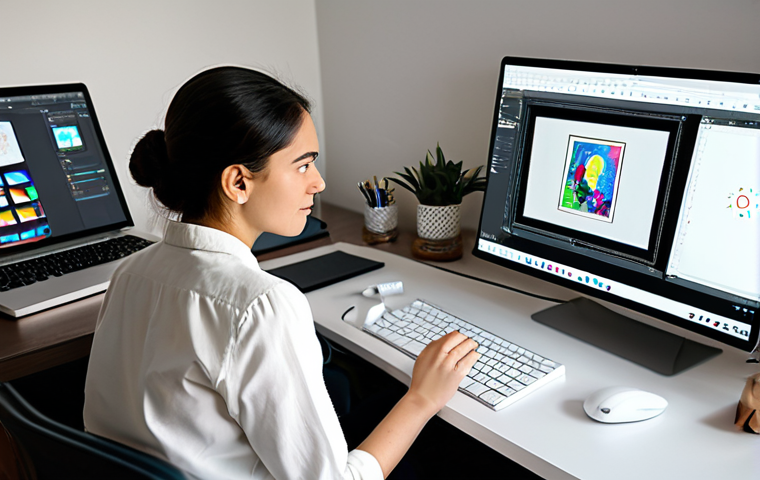 A skilled female digital artist, fully clothed in modest, professional attire, sits comfortably at a modern desk. She is actively drawing on a large graphic tablet with a stylus, her gaze fixed on the screen with an expression of creative concentration. Her home studio is bright and clean, featuring multiple monitors displaying art software, a professional microphone on a stand, and soft, even lighting. Subtle shelves with art books and small decorative elements are visible in the background, softly out of focus. This image is safe for work, appropriate content, fully clothed, professional, family-friendly, perfect anatomy, correct proportions, natural pose, well-formed hands, proper finger count, natural body proportions, high-quality, professional photography.