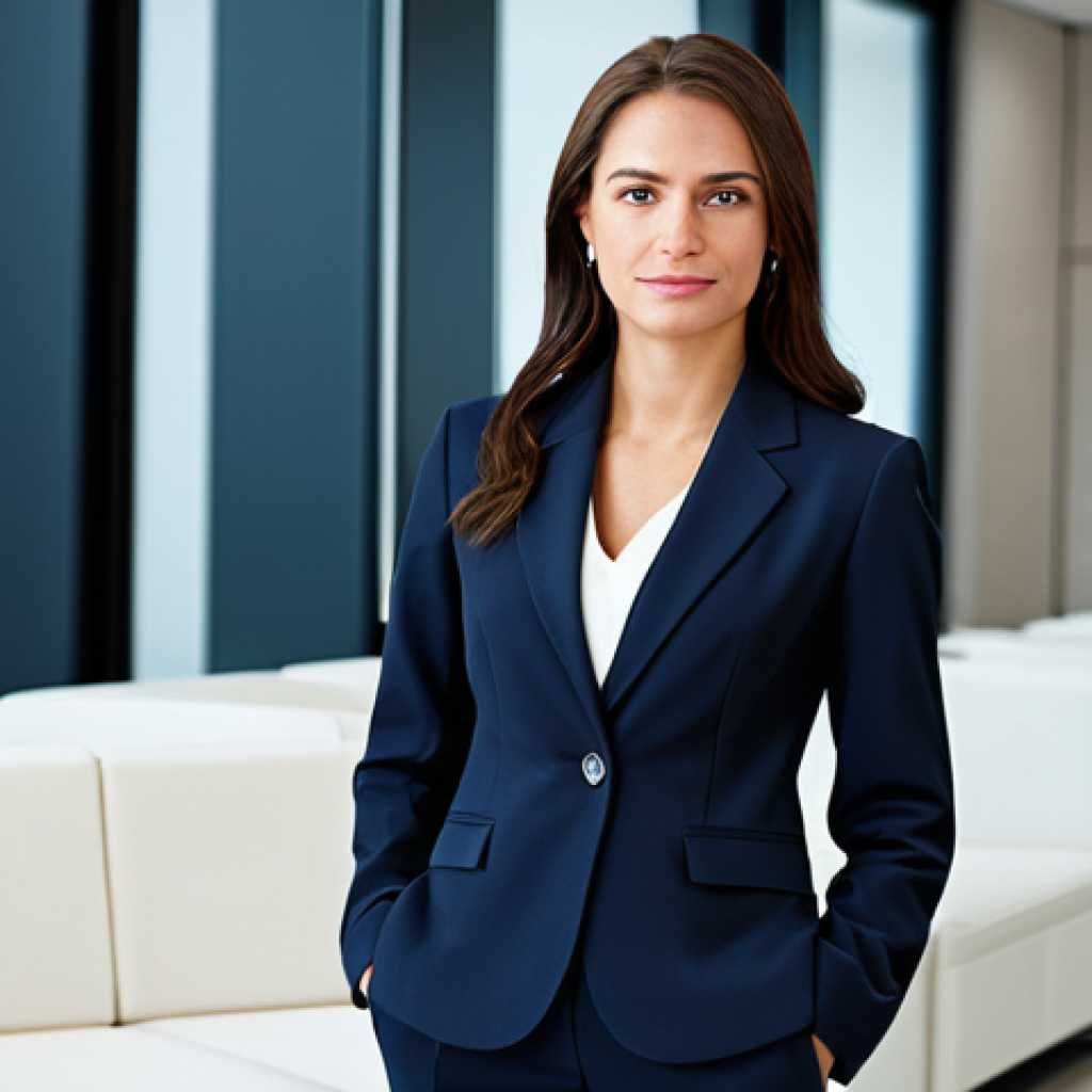 Professional Businesswoman**
"A professional businesswoman in a modest business suit, standing confidently in a modern office lobby, fully clothed, appropriate attire, safe for work, perfect anatomy, natural proportions, professional photography, high quality, clean background, corporate setting."
**