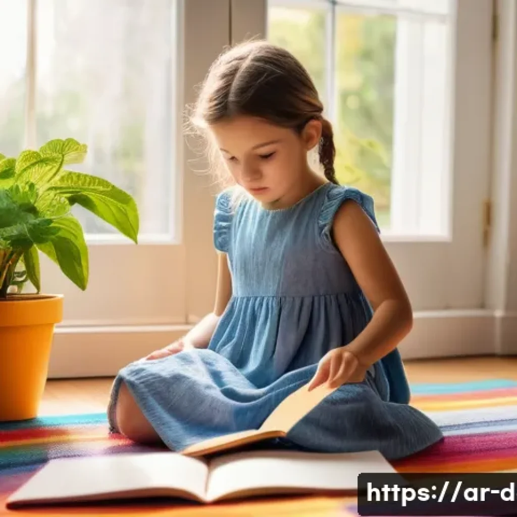 디지털아트와 증강현실 AR - **Prompt:** A young girl, around 7 years old, is sitting on a colorful rug in a brightly lit living ...