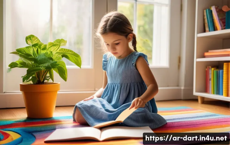 디지털아트와 증강현실 AR - **Prompt:** A young girl, around 7 years old, is sitting on a colorful rug in a brightly lit living ...