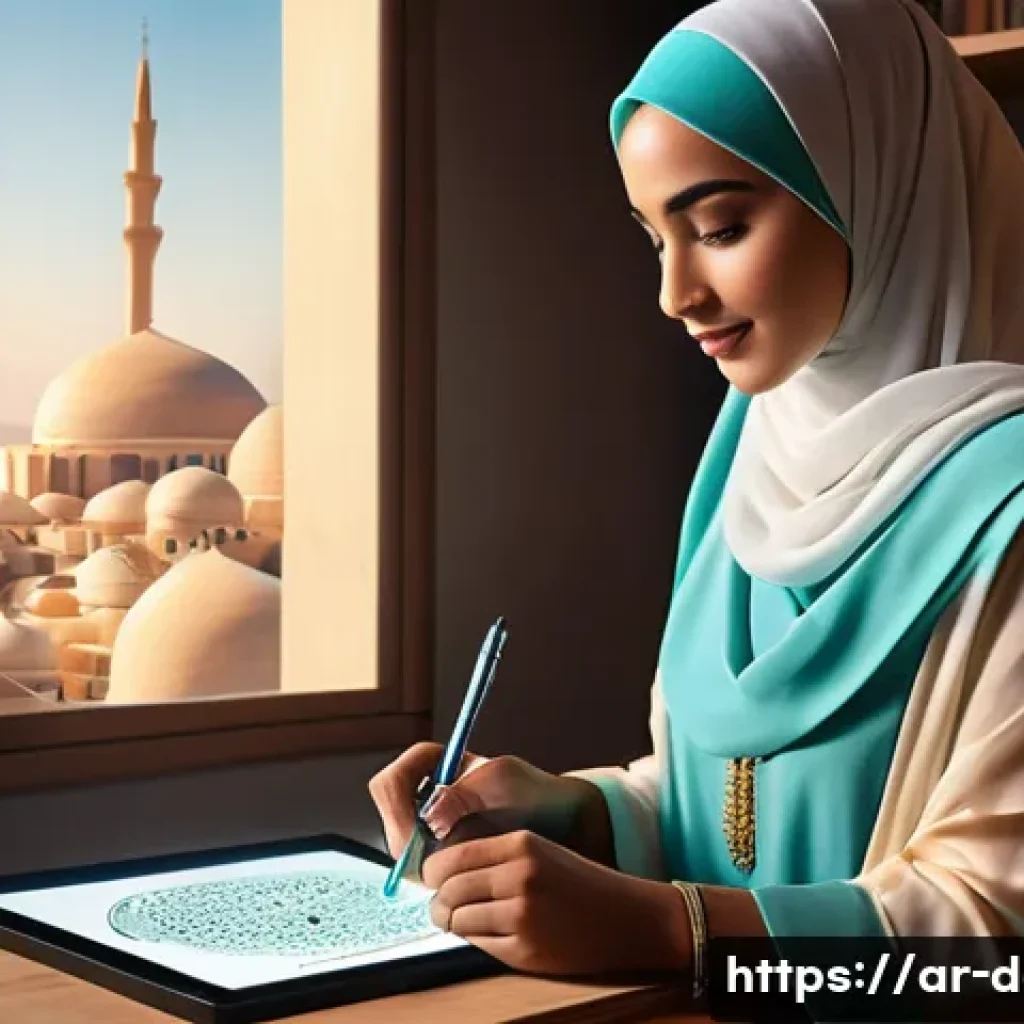 디지털아트 소셜미디어 마케팅 - **Prompt:** A young, vibrant Arab female digital artist, wearing a stylish, modest long dress and a ...
