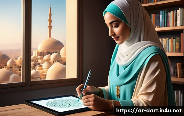 디지털아트 소셜미디어 마케팅 - **Prompt:** A young, vibrant Arab female digital artist, wearing a stylish, modest long dress and a ...