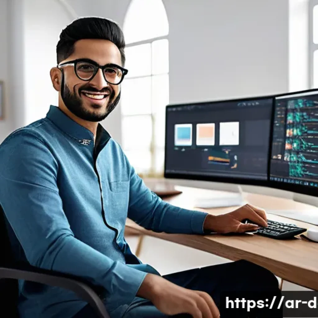 포토샵 액션을 활용한 자동화 - A modern Arab graphic designer working efficiently in a sleek, well-lit studio filled with dual moni...