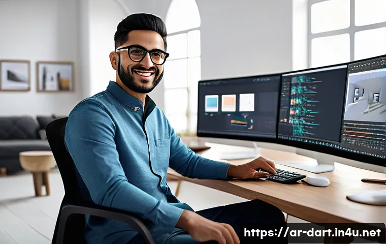 포토샵 액션을 활용한 자동화 - A modern Arab graphic designer working efficiently in a sleek, well-lit studio filled with dual moni...