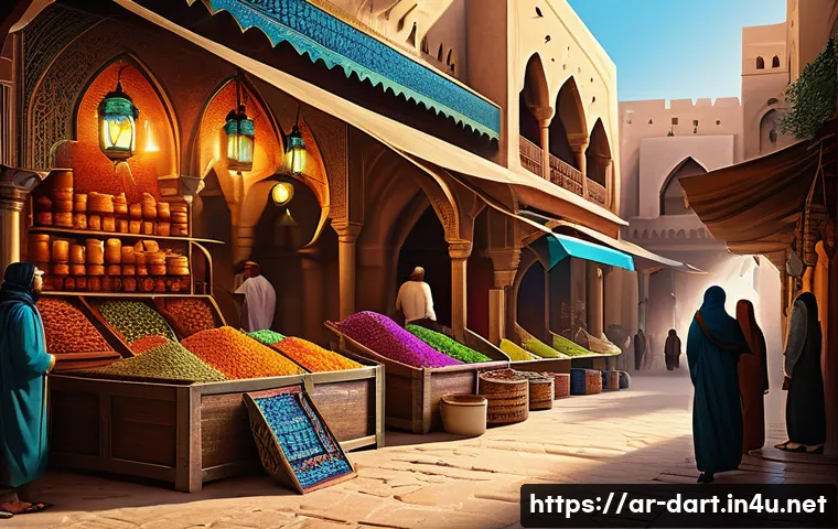 디지털아트 장르별 분류 - A vibrant digital painting of an imaginative Middle Eastern marketplace blending realism and fantasy...