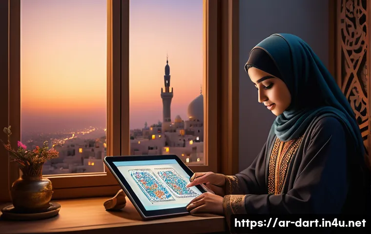 디지털아트 크라우드펀딩 활용법 - A digital artist in a cozy, warmly lit studio decorated with Middle Eastern art motifs, working inte...