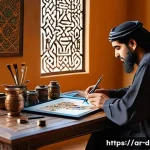 디지털아트와 전통미술 융합 - A detailed scene of a contemporary Arab artist&rsquo;s studio blending traditional and digital art tools: ...