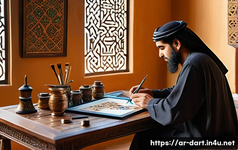 디지털아트와 전통미술 융합 - A detailed scene of a contemporary Arab artist&rsquo;s studio blending traditional and digital art tools: ...