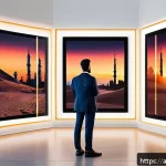디지털아트 크립토아트 투자 가이드 - A modern digital art marketplace scene set in a sleek, futuristic Arabic-themed virtual gallery, sho...