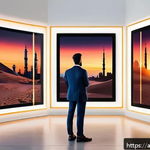 디지털아트 크립토아트 투자 가이드 - A modern digital art marketplace scene set in a sleek, futuristic Arabic-themed virtual gallery, sho...