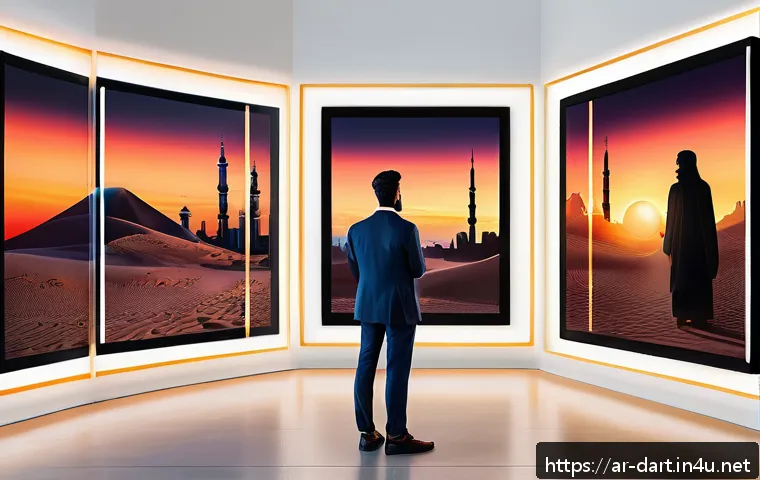 디지털아트 크립토아트 투자 가이드 - A modern digital art marketplace scene set in a sleek, futuristic Arabic-themed virtual gallery, sho...