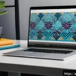 디지털아트 포토매틱 활용법 - A digital artist&rsquo;s workspace in a modern Middle Eastern home, showcasing a sleek laptop screen displ...