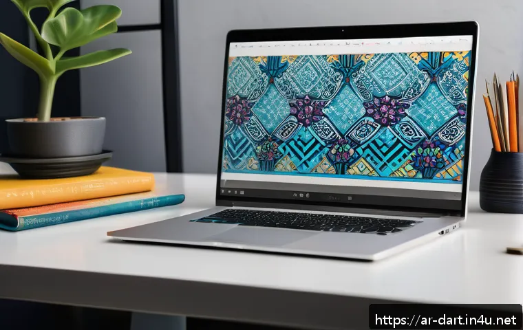 디지털아트 포토매틱 활용법 - A digital artist&rsquo;s workspace in a modern Middle Eastern home, showcasing a sleek laptop screen displ...