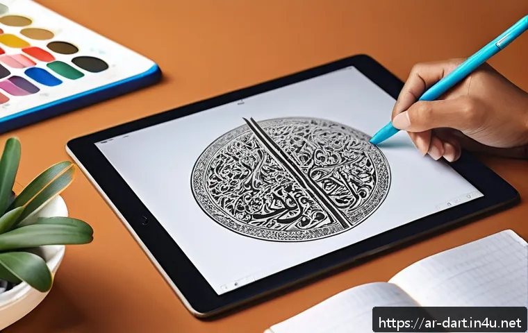 프로크리에이트 아이패드 드로잉 - A detailed digital artist&rsquo;s workspace featuring an iPad with Procreate open, showing a vibrant digit...