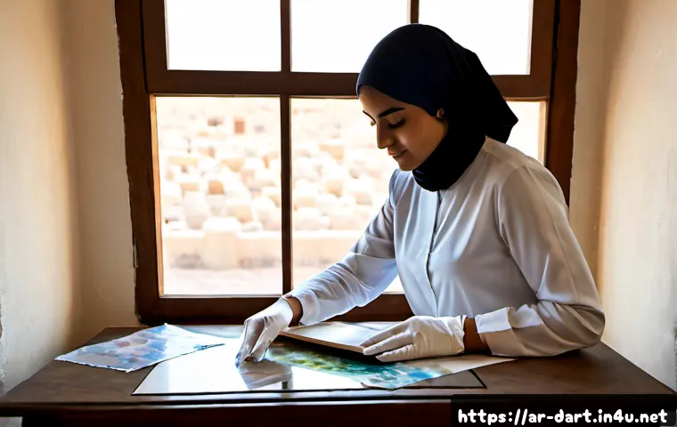 작품 저장 및 보관 노하우 - Photorealistic archival art storage scene in a refined Arab home studio, a Middle Eastern woman wear...
