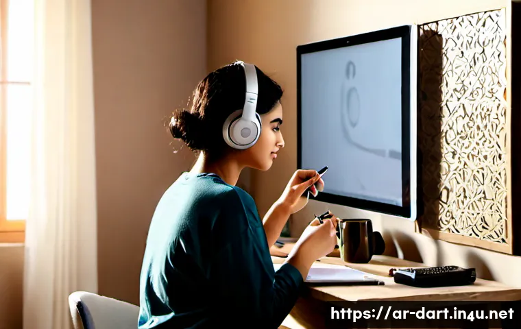 디지털아트 작업 과정 브이로그 제작 - Photorealistic digital art vlog workspace in a contemporary Arab home studio, young adult Arab artis...