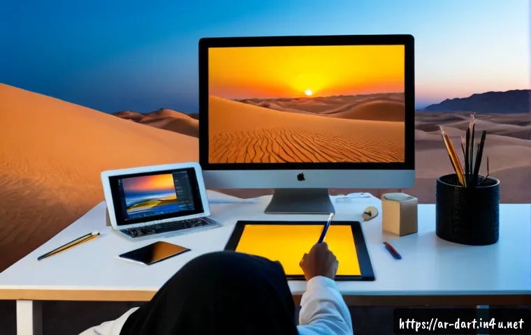 디지털아트 컬러 그레이딩 기법 - Photorealistic overhead view of a digital artist’s workspace in a contemporary Arab studio, a large ...
